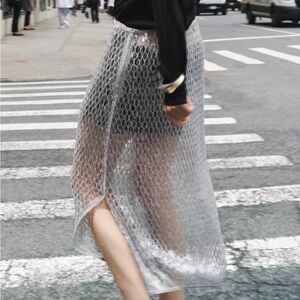 Zara Silver Open-Knit Sheer Pencil Skirt